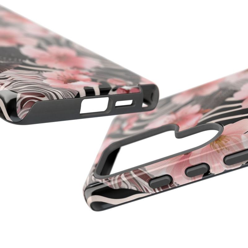 Roze Kersenbloesems met Zwart-Wit Abstract Patroon