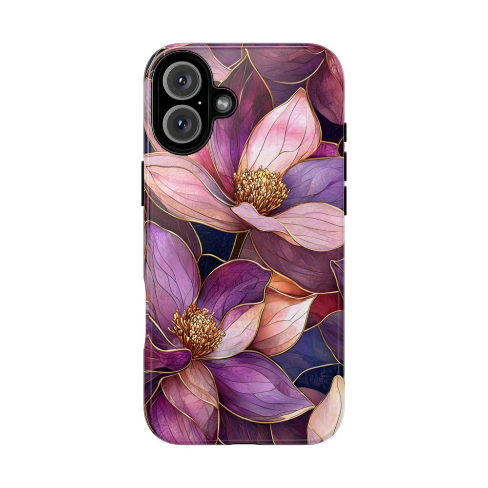 Paarse Magnolia Bloemen in Glas-in-lood