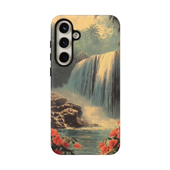 Tropische Waterval met Rode Bloemen