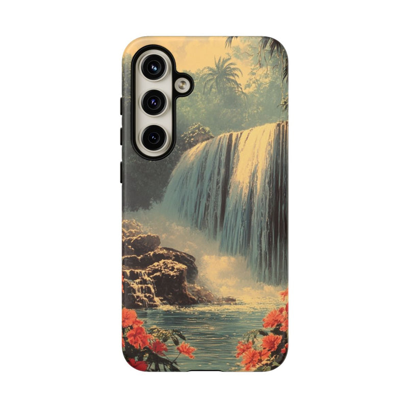 Tropische Waterval met Rode Bloemen