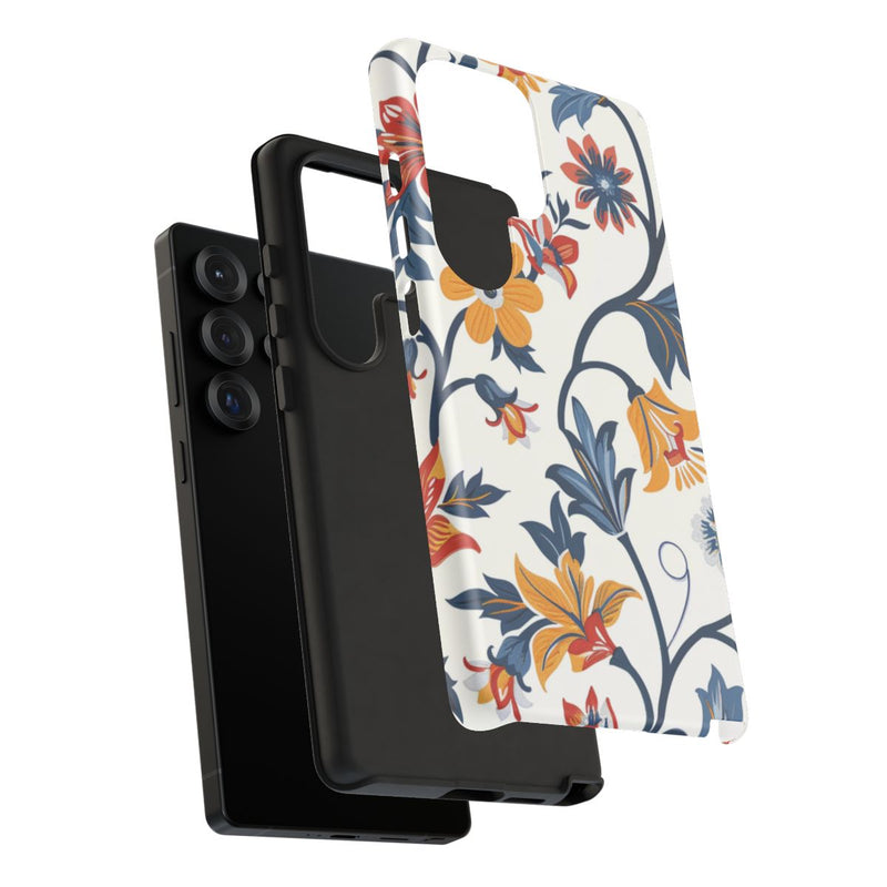 Retro Bloemenpatroon in Blauw, Rood en Geel