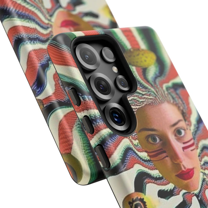 Surrealistisch Vrouwenportret met Kleurrijke Strepen en Zwevende Bollen