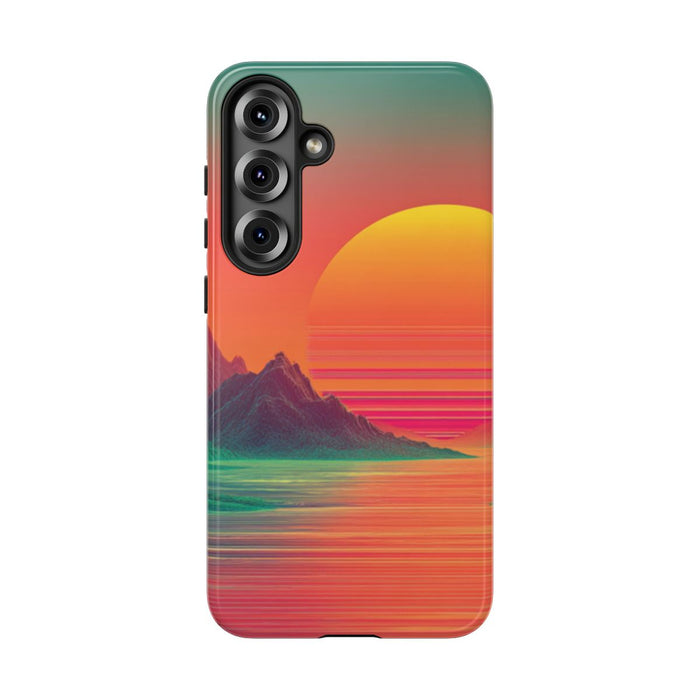 Neon Zonsondergang met Bergen en Zee