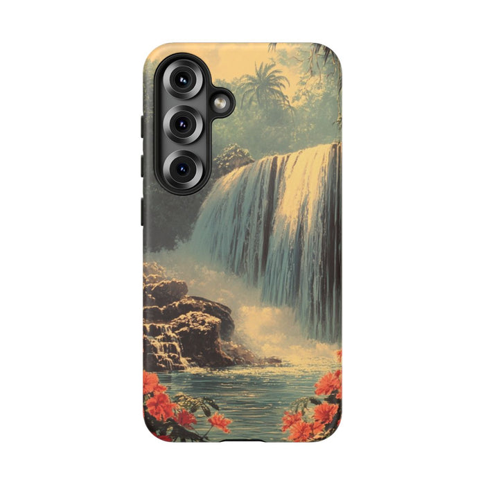 Tropische Waterval met Rode Bloemen