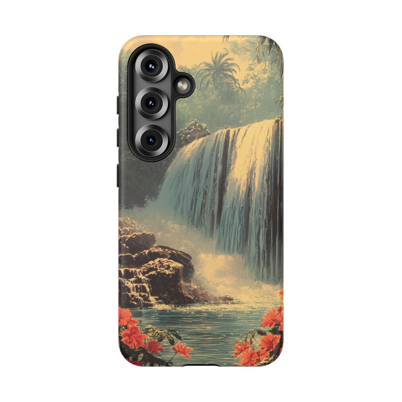 Tropische Waterval met Rode Bloemen
