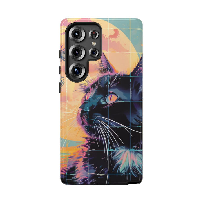 Lofi Vaporwave Kat met Zonsondergang en Palmen
