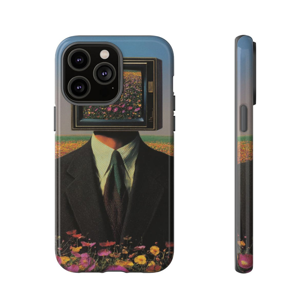 Surrealistische Man met Televisiehoofd in Bloemenveld