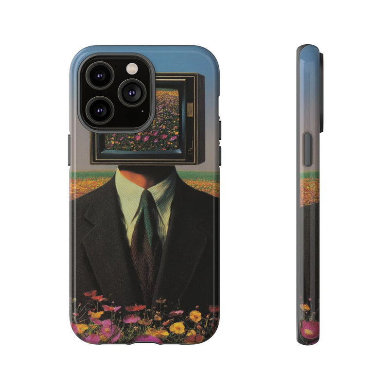 Surrealistische Man met Televisiehoofd in Bloemenveld