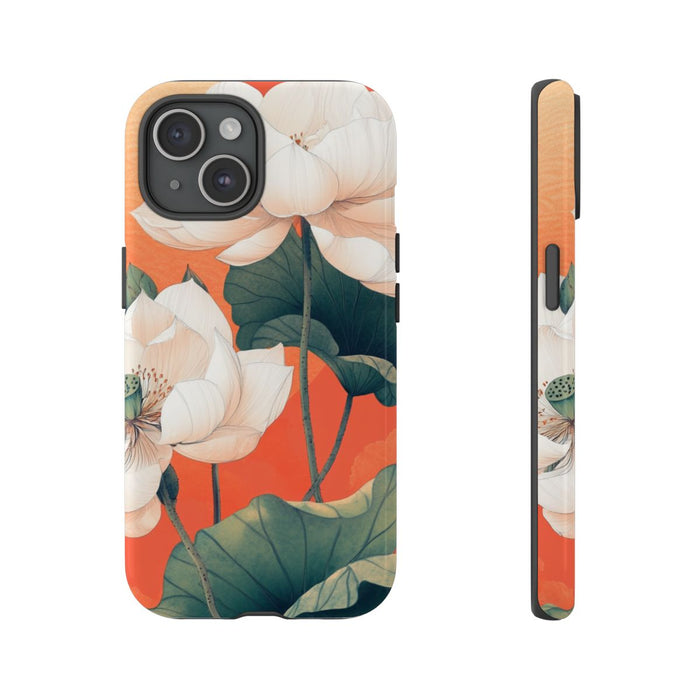 Witte Lotus Bloemen met Groene Bladeren op Oranje Achtergrond