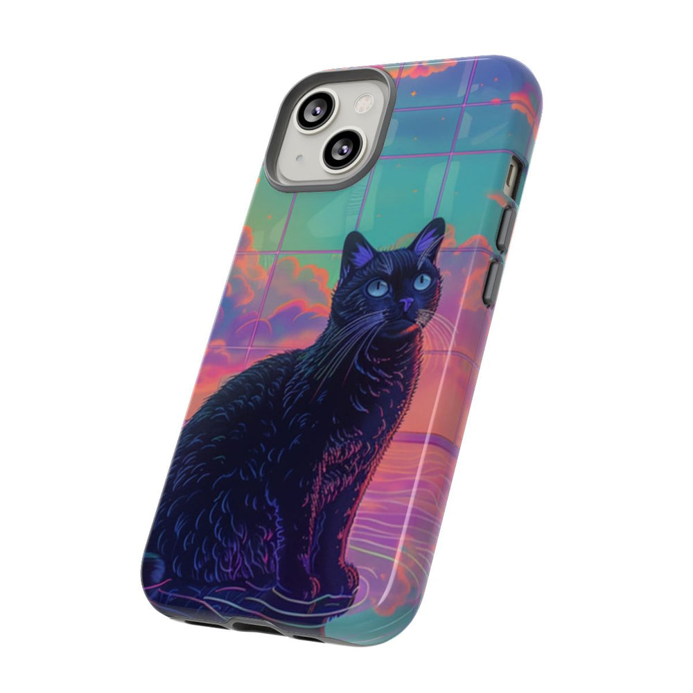 Zwarte Kat met Neonlucht Reflectie