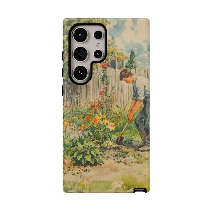 Jonge Man aan het Tuinieren in Bloemrijke Achtertuin