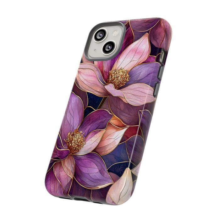 Paarse Magnolia Bloemen in Glas-in-lood