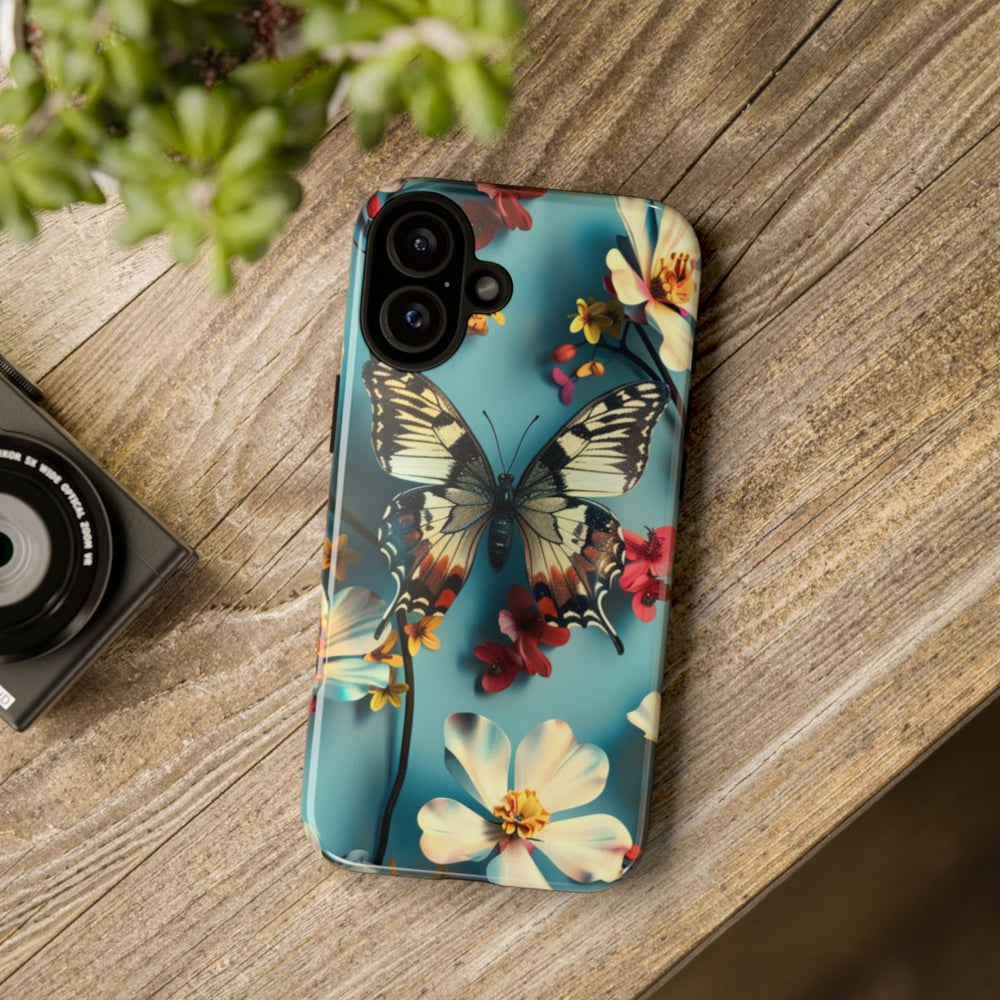 Vlinder en Bloemenpatroon op Blauw