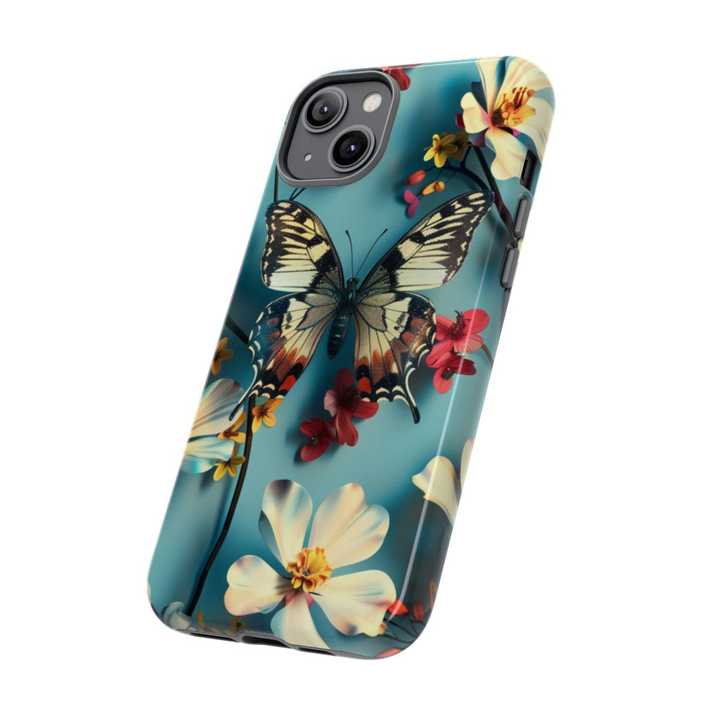 Vlinder en Bloemenpatroon op Blauw