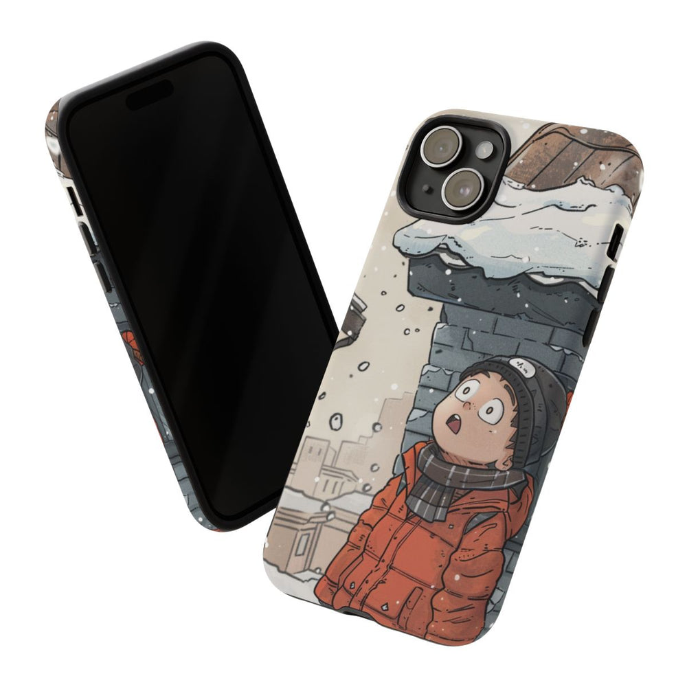 Chibi Man met Winterjas Kijkt Op naar Besneeuwd Dak