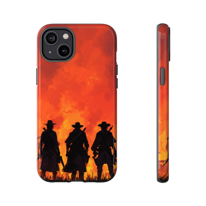 Silhouetten van Drie Cowboys bij Vurige Zonsondergang