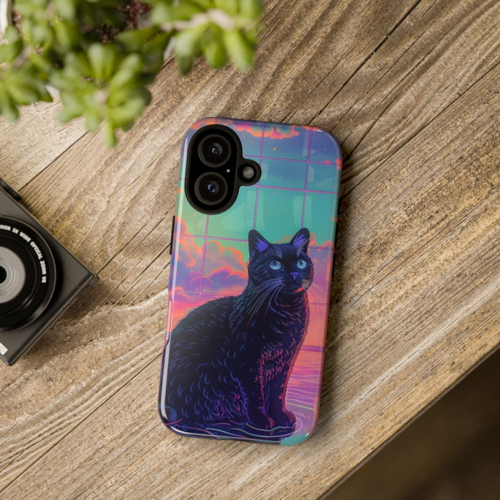 Zwarte Kat met Neonlucht Reflectie