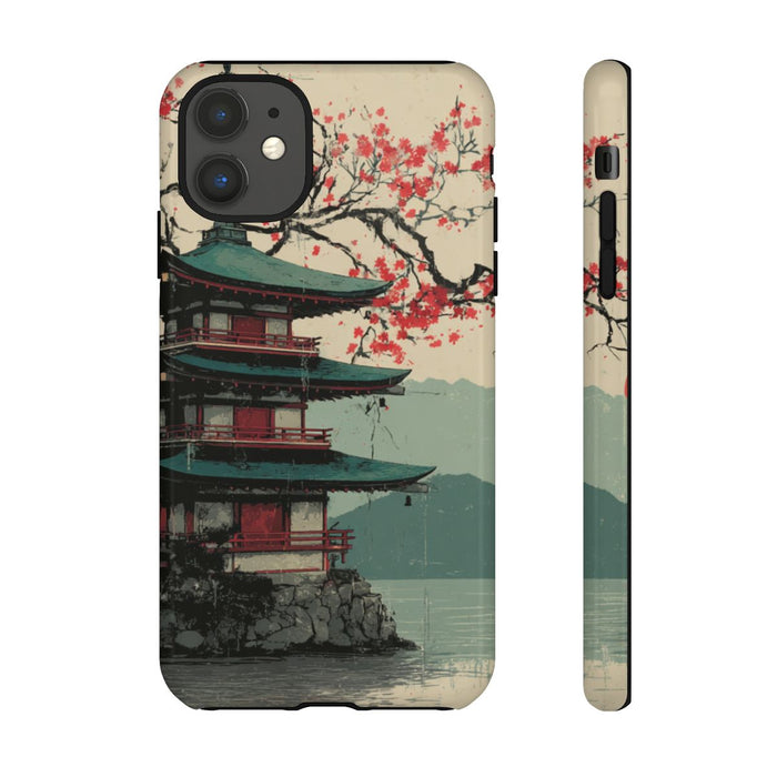 Pagode met Kersenbloesem en Rode Zon