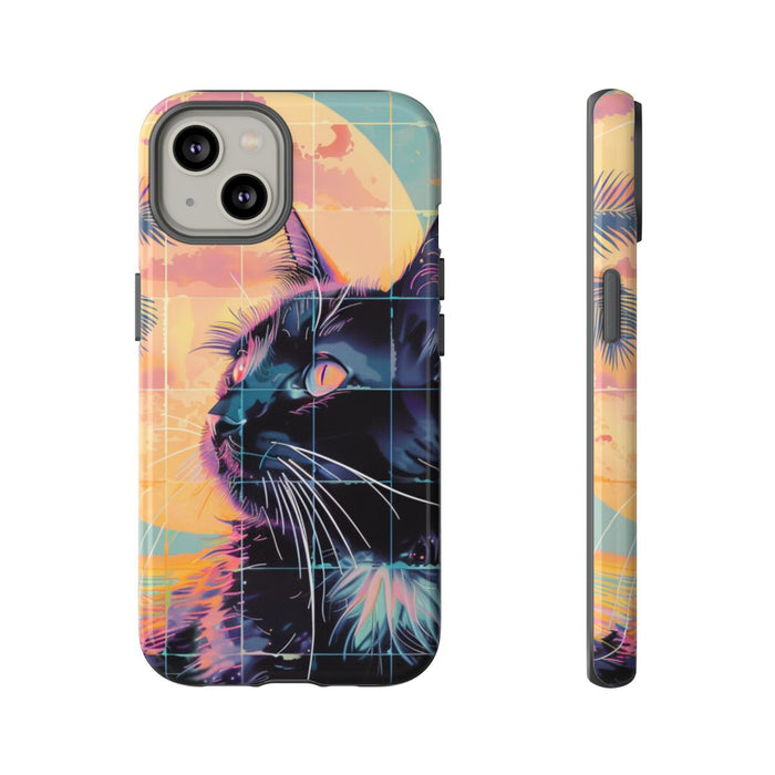 Lofi Vaporwave Kat met Zonsondergang en Palmen
