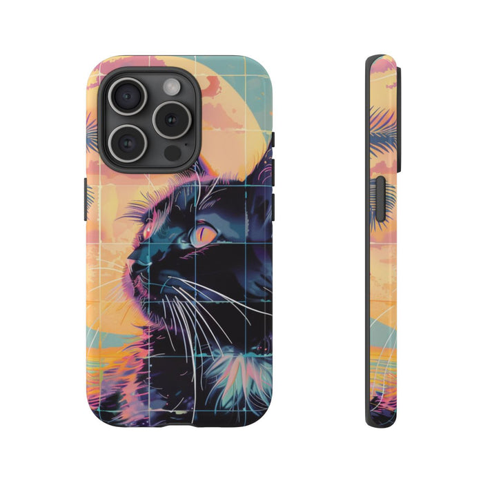 Lofi Vaporwave Kat met Zonsondergang en Palmen