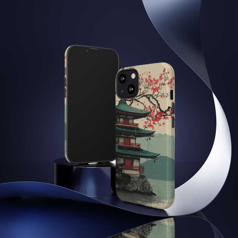 Pagode met Kersenbloesem en Rode Zon