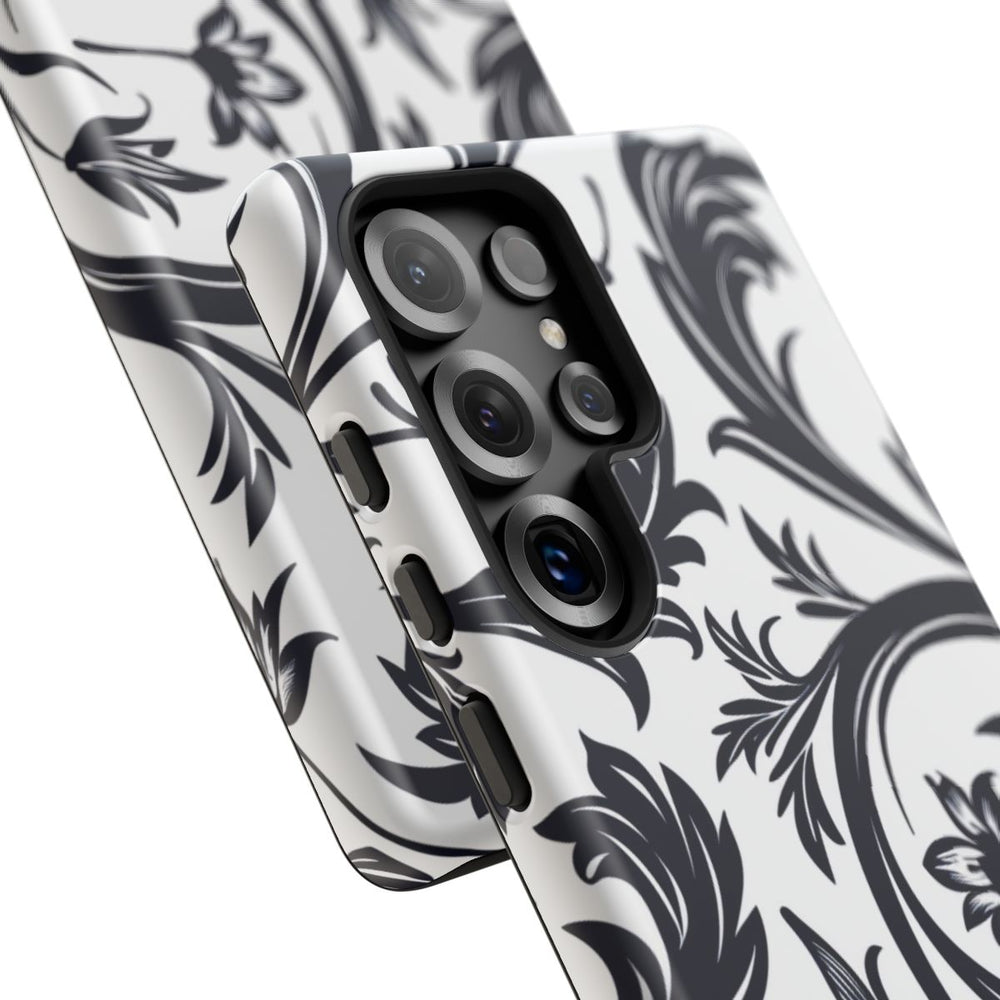 Zwart-Wit Bloemmotief met Sierlijke Krullen