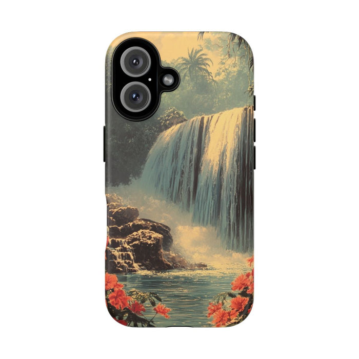 Tropische Waterval met Rode Bloemen