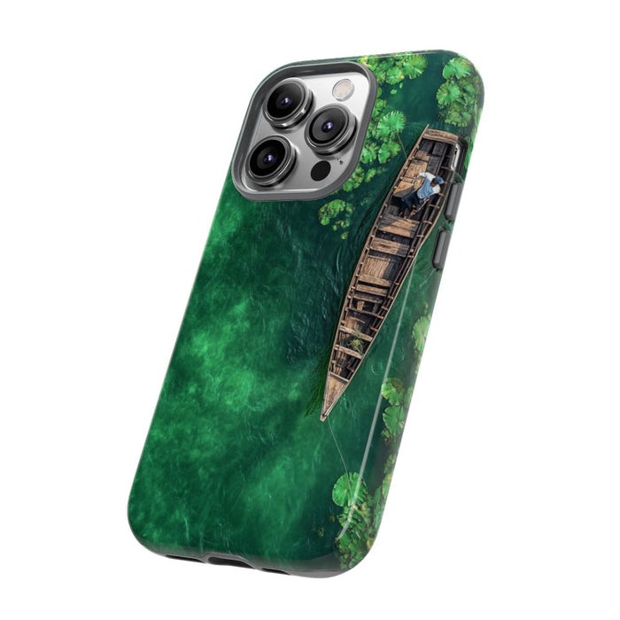 Luchtfoto van Visser op Houten Boot met Lotusbladeren