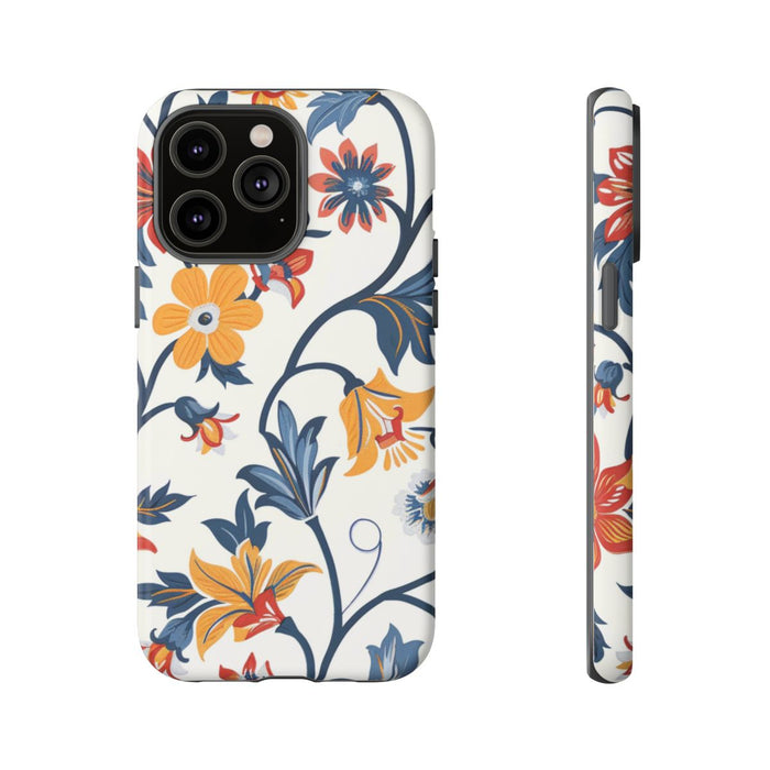 Retro Bloemenpatroon in Blauw, Rood en Geel