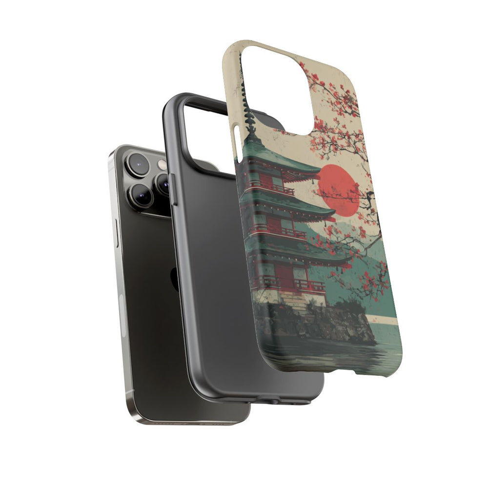 Pagode met Kersenbloesems en Rode Zon