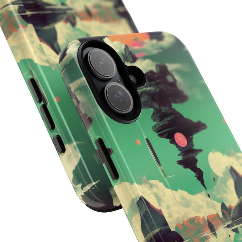 Surrealistisch Zwevende Rotsformatie met Roze Zonnen