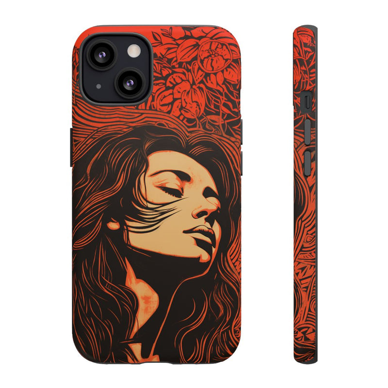 Linosnede Portret van Vrouw met Bloemen