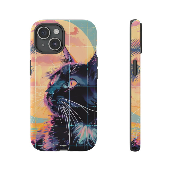 Lofi Vaporwave Kat met Zonsondergang en Palmen