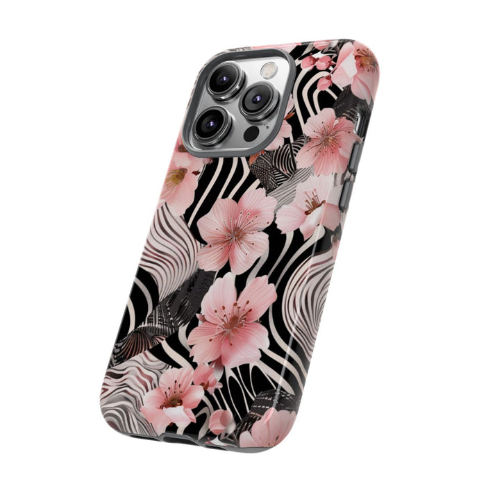 Roze Kersenbloesems met Zwart-Wit Abstract Patroon