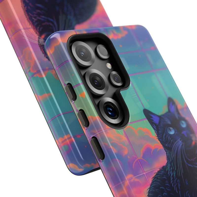 Zwarte Kat met Neonlucht Reflectie