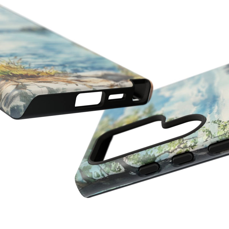 Aquarel Landschap met Meer, Bomen en Zeilboten