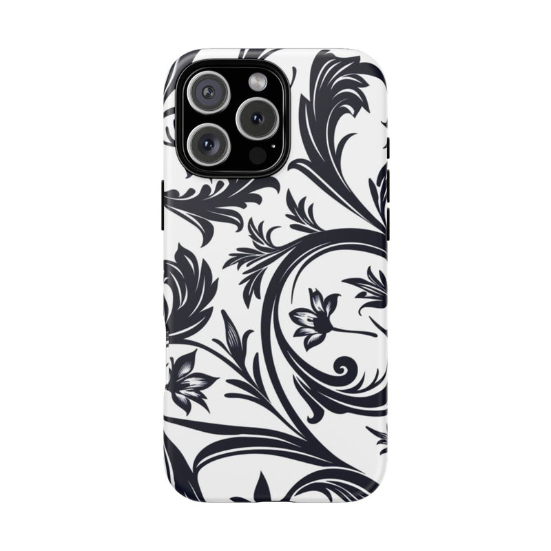 Zwart-Wit Bloemmotief met Sierlijke Krullen