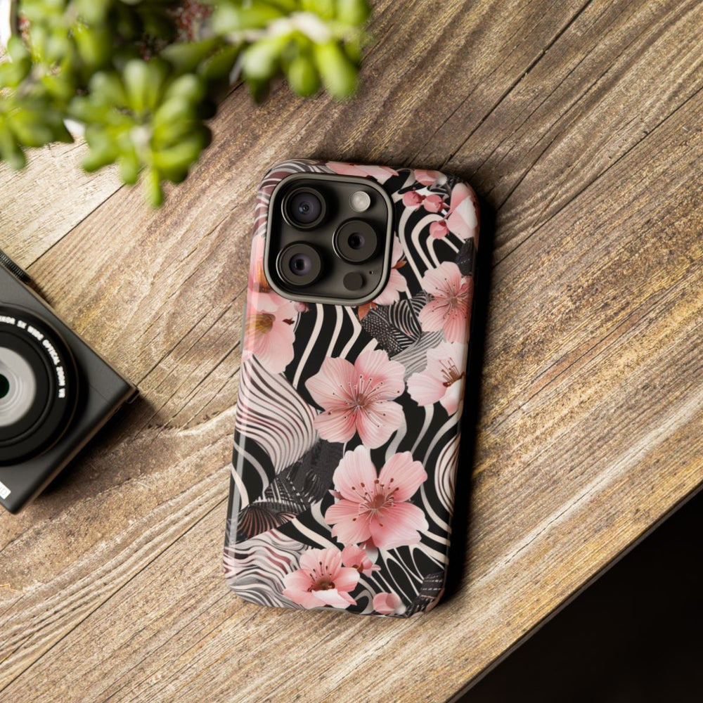 Roze Kersenbloesems met Zwart-Wit Abstract Patroon