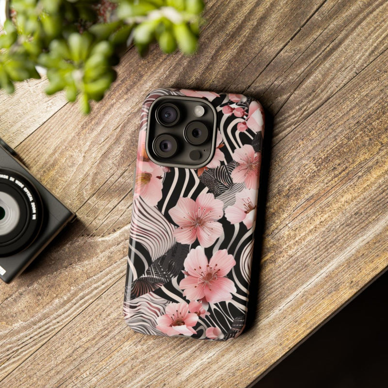 Roze Kersenbloesems met Zwart-Wit Abstract Patroon