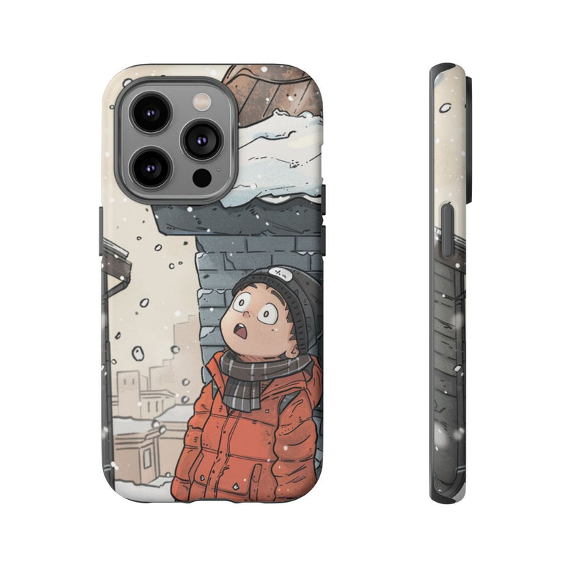 Chibi Man in Oranje Winterjas Kijkt Naar Besneeuwd Dak