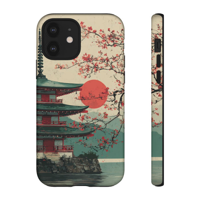 Pagode met Kersenbloesems en Rode Zon