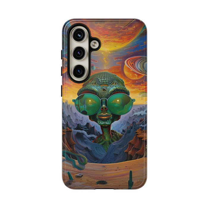 Groene Alien met Zonnebril in Psychedelisch Ruimtelandschap