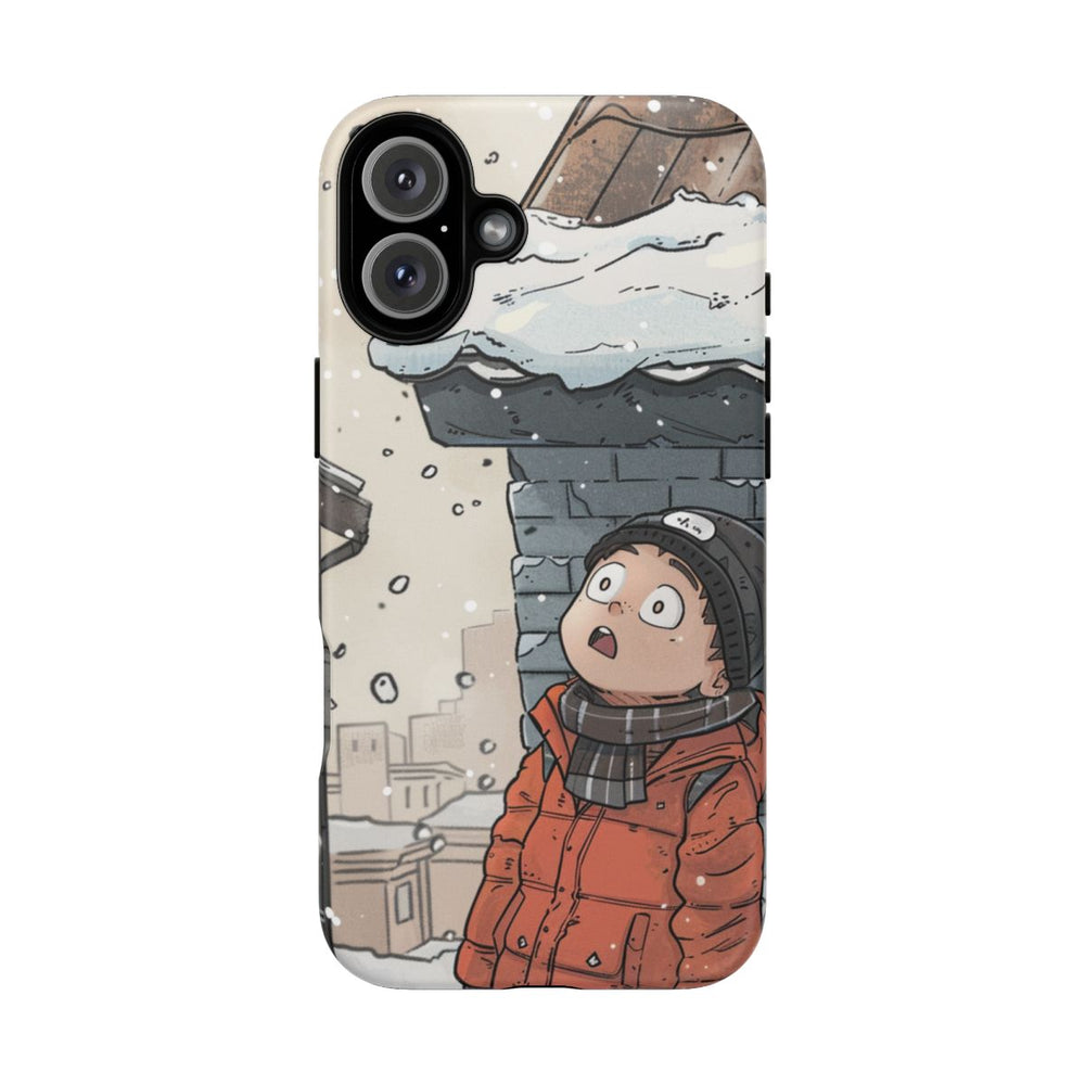 Chibi Man in Oranje Winterjas Kijkt Op Naar Besneeuwd Dak