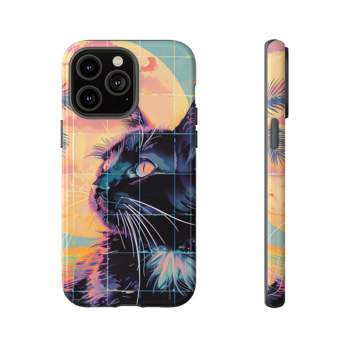 Lofi Vaporwave Kat met Zonsondergang en Palmen