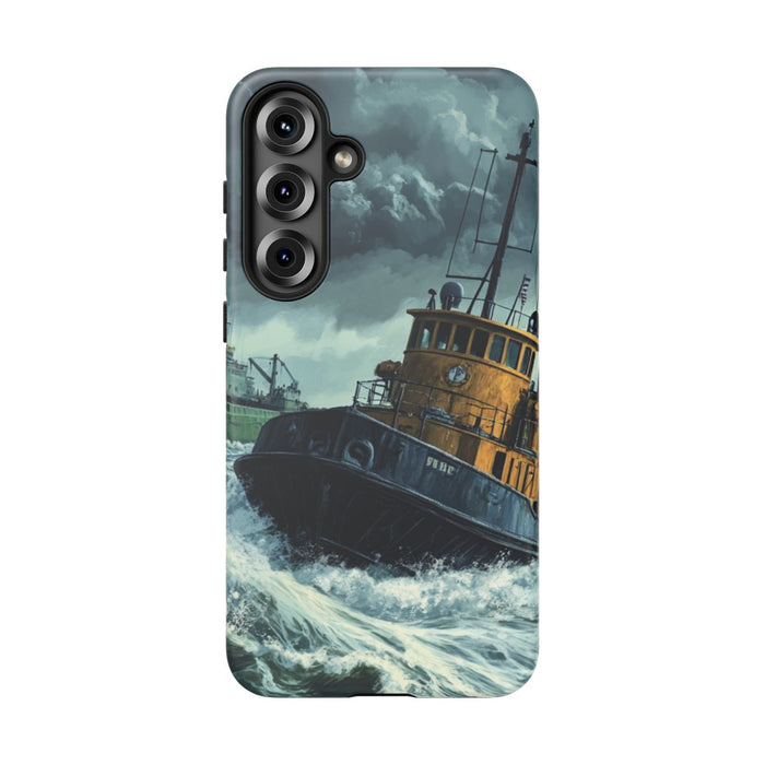 Sleepboot met Vrachtschip in Stormachtige Zee
