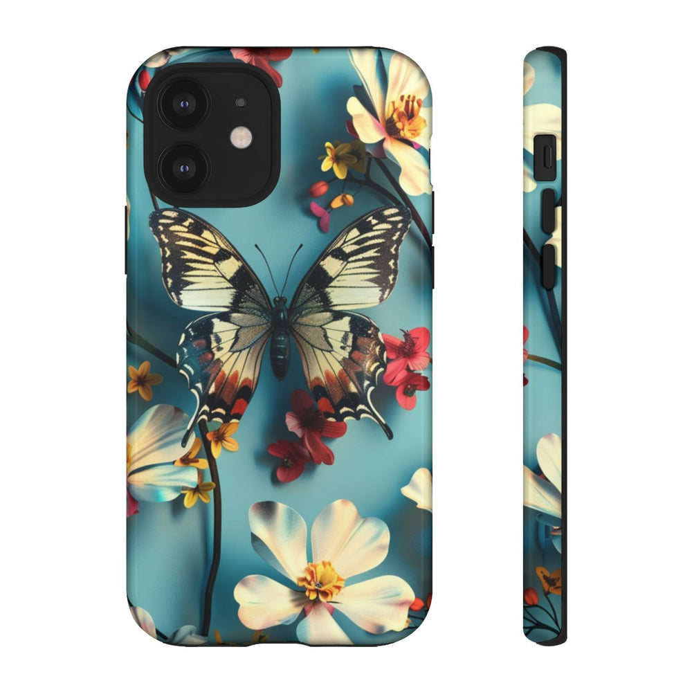 Vlinder en Bloemenpatroon op Blauw