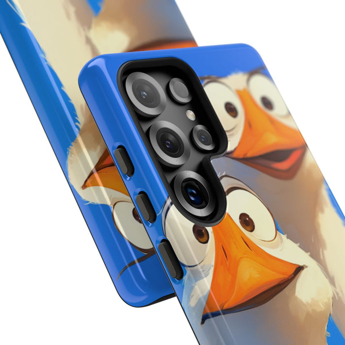 Twee Grappige Ganzen met Grote Ogen op Blauwe Achtergrond