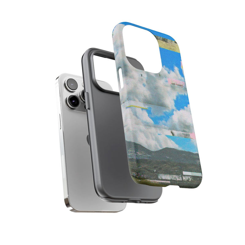 Glitch Effect Wolkenlucht met Bergen