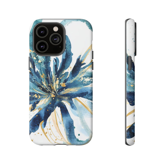 Abstracte Blauwe Bloemen in Aquarel met Gouden Accenten