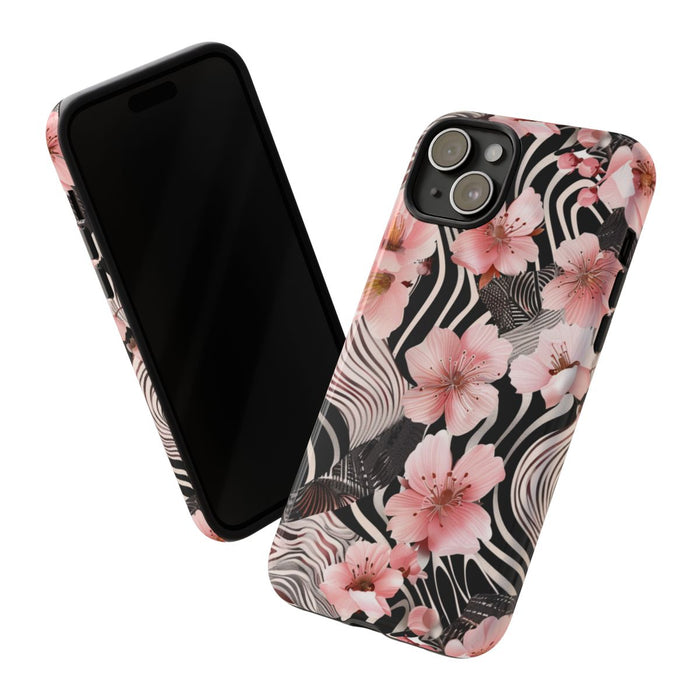 Roze Kersenbloesems met Zwart-Wit Abstract Patroon